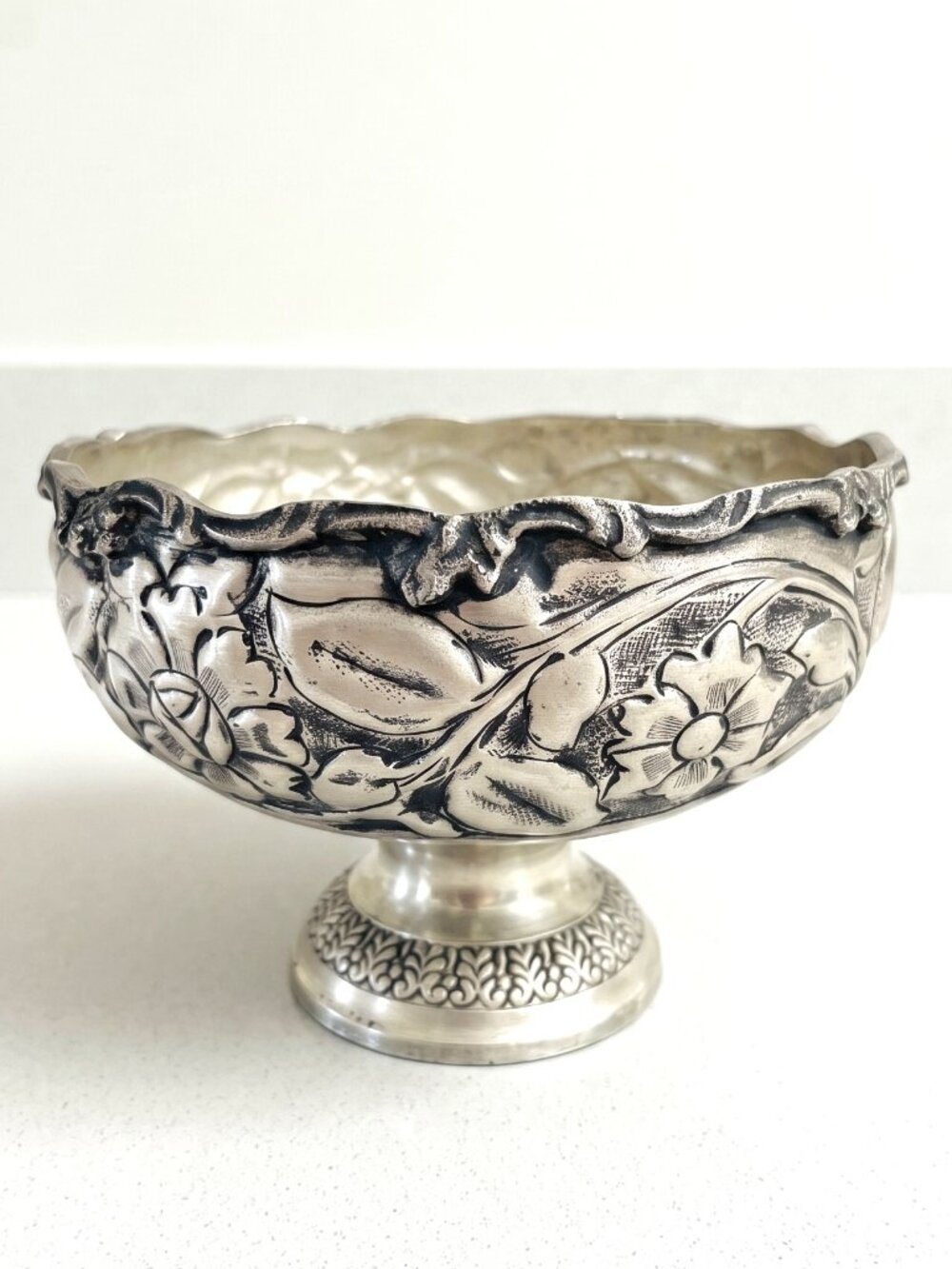 Vintage India Silver Plate Floral Etched Pedestal Bowl Lacquered Compote 6.5”